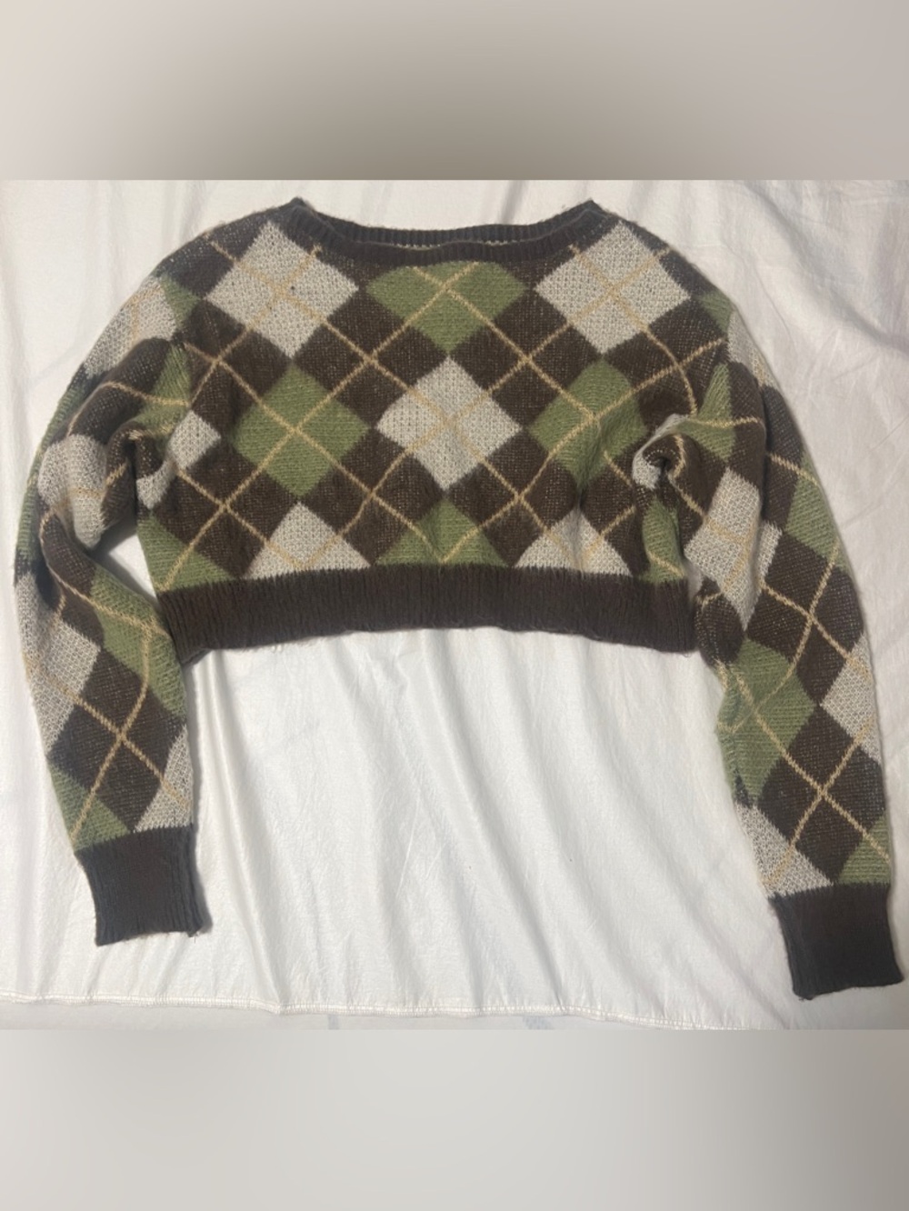 Cropped Argyle Knit Sweater in Olive Green and Brown